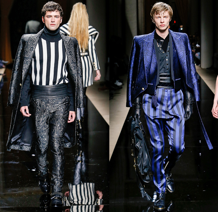 Balmain 2016-2017 Fall Autumn Winter Mens Runway Catwalk Looks - Mode à Paris Fashion Week Mode Masculine France - Military Marching Band Ornamental Embroidery Adornments Bedazzled Gold Studs Fringes Velvet Harlequin Plaid Tartan Check Coat Furry Quilted Waffle Leather Parka Tuxedo Cocktail Smoking Jacket Vest Waistcoat Kimono Wrap Cummerbund Sash Waist Boots Medals Emblem Stripes Colonial Knee Panels Biker Pants