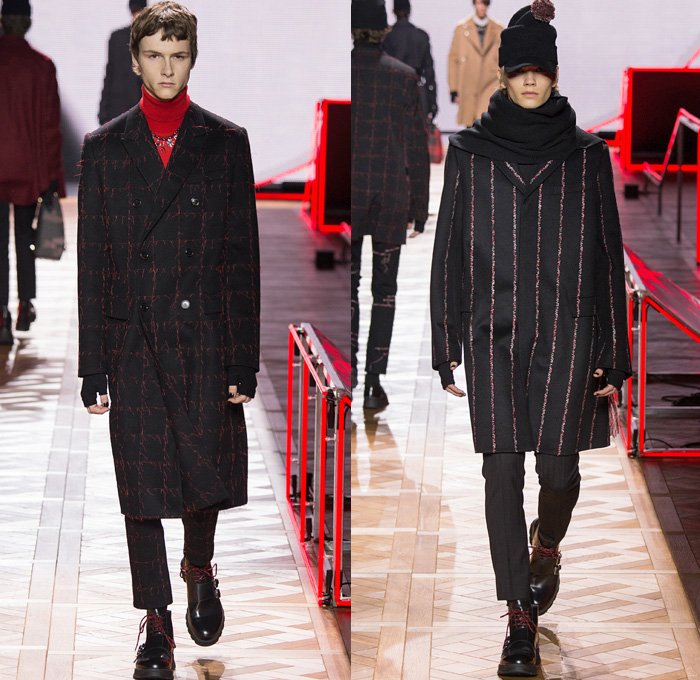 Christian Dior Homme 2016-2017 Fall Autumn Winter Mens Runway Catwalk Looks - Mode à Paris Fashion Week Mode Masculine France Kris Van Assche - Flowers Floral Motif Denim Jeans Frayed Racing Check Windowpane Grid Plaid Knit Sweater Jumper Turtleneck Oversized Long Outerwear Coat Quilted Down Parka Moleskin Wide Leg Trousers Palazzo Pants Gloves Ornamental Motorcycle Biker Leather Wool Slim Nautical Double-Breasted Suit