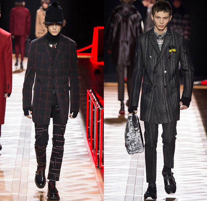 Christian Dior Homme 2016-2017 Fall Autumn Winter Mens Runway Catwalk Looks - Mode à Paris Fashion Week Mode Masculine France Kris Van Assche - Flowers Floral Motif Denim Jeans Frayed Racing Check Windowpane Grid Plaid Knit Sweater Jumper Turtleneck Oversized Long Outerwear Coat Quilted Down Parka Moleskin Wide Leg Trousers Palazzo Pants Gloves Ornamental Motorcycle Biker Leather Wool Slim Nautical Double-Breasted Suit