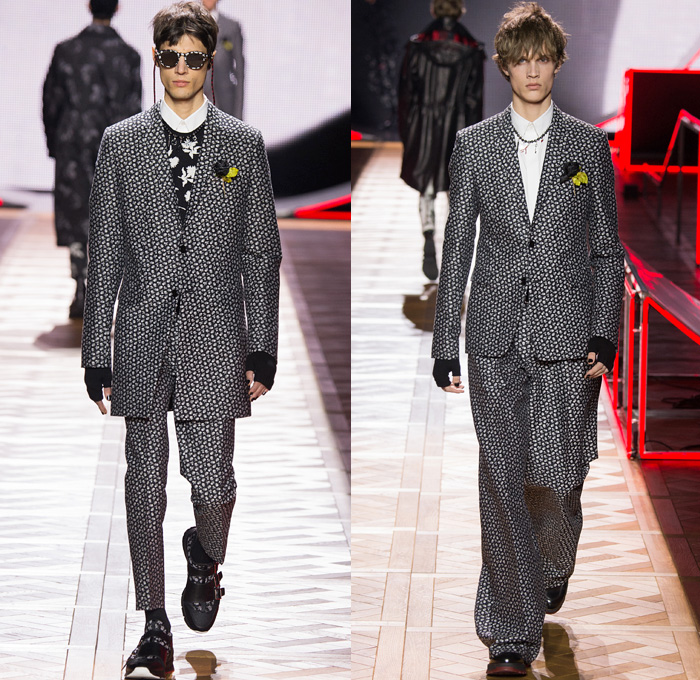 Christian Dior Homme 2016-2017 Fall Autumn Winter Mens Runway Catwalk Looks - Mode à Paris Fashion Week Mode Masculine France Kris Van Assche - Flowers Floral Motif Denim Jeans Frayed Racing Check Windowpane Grid Plaid Knit Sweater Jumper Turtleneck Oversized Long Outerwear Coat Quilted Down Parka Moleskin Wide Leg Trousers Palazzo Pants Gloves Ornamental Motorcycle Biker Leather Wool Slim Nautical Double-Breasted Suit