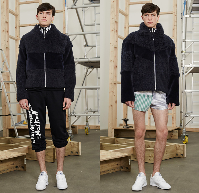 Christopher Shannon 2016-2017 Fall Autumn Winter Mens Lookbook Presentation - London Collections: Men British Fashion Council UK United Kingdom - Comfort and Horror Patchwork Streetwear Snap Buttons Tearaway Pants Rip Away Velvet Zipper Hoodie Fitness Gym Tracksuit Turtleneck Deconstructed Multi-Panel Drawstring Cinch Jogger Sweatpants Coat Rainwear Plastic Trainers Sneakers Plaid Stripes Cutout Knit Sweater