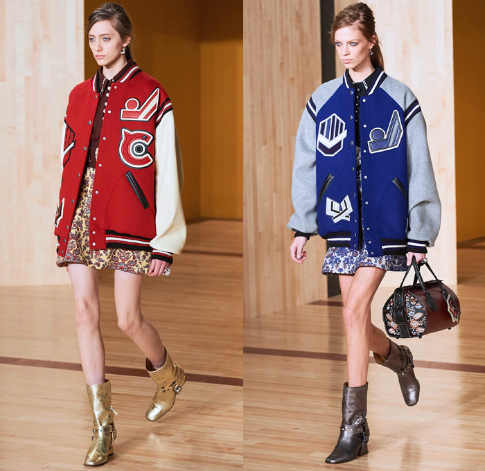 Coach 1941 2016-2017 Fall Autumn Winter Womens Runway Collection Catwalk Looks - New York Fashion Week NYFW - Ivy League School Preppy Sheepskin Shearling Oversized Outerwear Coat Furry Plush Bomber Varsity Jacket Dress Miniskirt Frock Leather Metallic Studs Patches Nautical Peacoat Vest Waistcoat Flowers Floral Ornamental Print Tribal Silk Plaid Tartan Motorcycle Biker Geometric Belts Pop Art Moon Stars Clouds