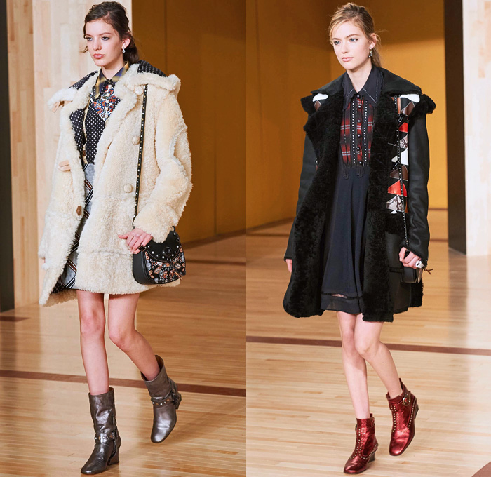 Coach 1941 2016-2017 Fall Autumn Winter Womens Runway Collection Catwalk Looks - New York Fashion Week NYFW - Ivy League School Preppy Sheepskin Shearling Oversized Outerwear Coat Furry Plush Bomber Varsity Jacket Dress Miniskirt Frock Leather Metallic Studs Patches Nautical Peacoat Vest Waistcoat Flowers Floral Ornamental Print Tribal Silk Plaid Tartan Motorcycle Biker Geometric Belts Pop Art Moon Stars Clouds