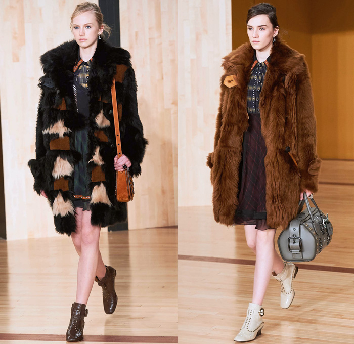 Coach 1941 2016-2017 Fall Autumn Winter Womens Runway Collection Catwalk Looks - New York Fashion Week NYFW - Ivy League School Preppy Sheepskin Shearling Oversized Outerwear Coat Furry Plush Bomber Varsity Jacket Dress Miniskirt Frock Leather Metallic Studs Patches Nautical Peacoat Vest Waistcoat Flowers Floral Ornamental Print Tribal Silk Plaid Tartan Motorcycle Biker Geometric Belts Pop Art Moon Stars Clouds