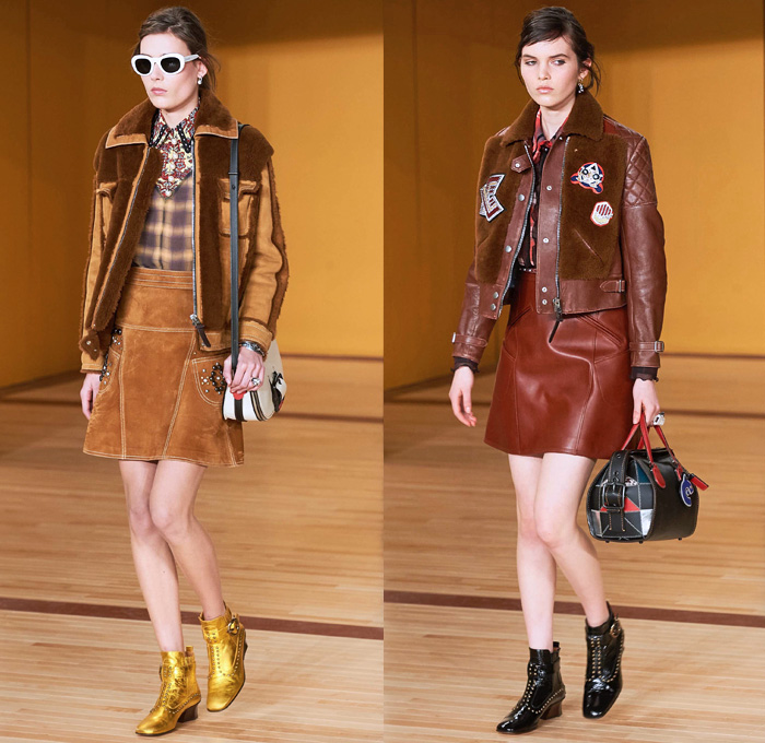 Coach 1941 2016-2017 Fall Autumn Winter Womens Runway Collection Catwalk Looks - New York Fashion Week NYFW - Ivy League School Preppy Sheepskin Shearling Oversized Outerwear Coat Furry Plush Bomber Varsity Jacket Dress Miniskirt Frock Leather Metallic Studs Patches Nautical Peacoat Vest Waistcoat Flowers Floral Ornamental Print Tribal Silk Plaid Tartan Motorcycle Biker Geometric Belts Pop Art Moon Stars Clouds