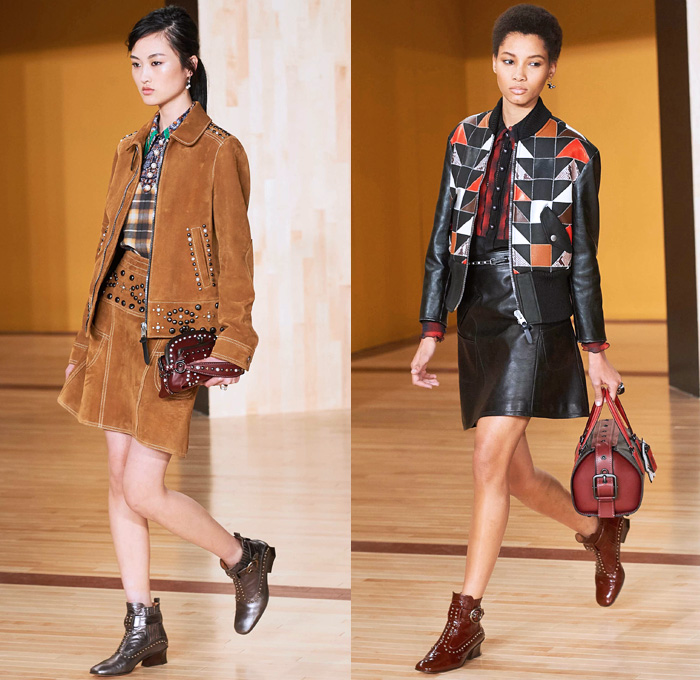 Coach 1941 2016-2017 Fall Autumn Winter Womens Runway Collection Catwalk Looks - New York Fashion Week NYFW - Ivy League School Preppy Sheepskin Shearling Oversized Outerwear Coat Furry Plush Bomber Varsity Jacket Dress Miniskirt Frock Leather Metallic Studs Patches Nautical Peacoat Vest Waistcoat Flowers Floral Ornamental Print Tribal Silk Plaid Tartan Motorcycle Biker Geometric Belts Pop Art Moon Stars Clouds