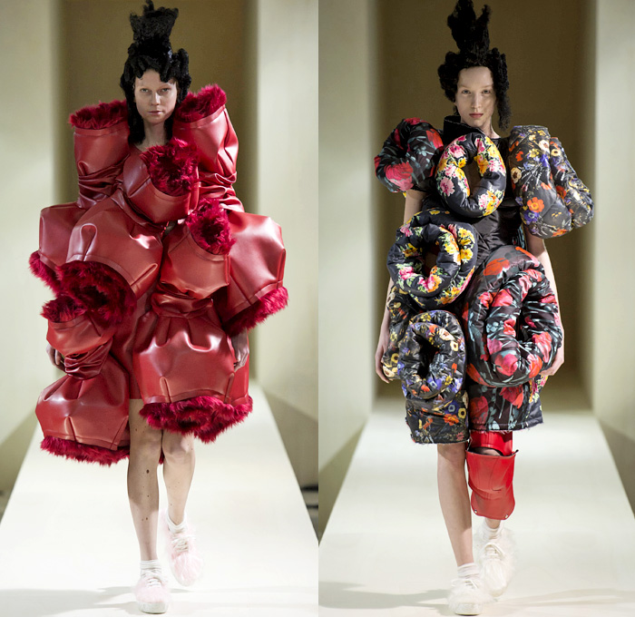 Comme des Garçons Designer Rei Kawakubo 2016-2017 Fall Autumn Winter Womens Runway Catwalk Collection Looks - Paris Fashion Week Mode à Paris France - Samurai Japanese Warrior Armor Plates Tiered Jacquard Upholstery Corset Flounce Furbelow Straps 3D Flowers Floral Organic Shape Deconstructed Quilted Puffer Panels Layers Structured Furry Tubes Donuts Gown Haute Couture Ruffles Bell Headwear Pagoda Boxy Coat Jacket Curved Hem