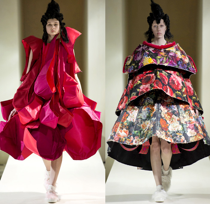 Comme des Garçons Designer Rei Kawakubo 2016-2017 Fall Autumn Winter Womens Runway Catwalk Collection Looks - Paris Fashion Week Mode à Paris France - Samurai Japanese Warrior Armor Plates Tiered Jacquard Upholstery Corset Flounce Furbelow Straps 3D Flowers Floral Organic Shape Deconstructed Quilted Puffer Panels Layers Structured Furry Tubes Donuts Gown Haute Couture Ruffles Bell Headwear Pagoda Boxy Coat Jacket Curved Hem