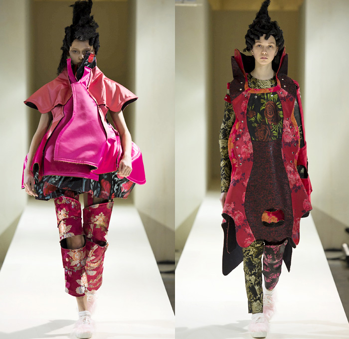 Comme des Garçons Designer Rei Kawakubo 2016-2017 Fall Autumn Winter Womens Runway Catwalk Collection Looks - Paris Fashion Week Mode à Paris France - Samurai Japanese Warrior Armor Plates Tiered Jacquard Upholstery Corset Flounce Furbelow Straps 3D Flowers Floral Organic Shape Deconstructed Quilted Puffer Panels Layers Structured Furry Tubes Donuts Gown Haute Couture Ruffles Bell Headwear Pagoda Boxy Coat Jacket Curved Hem