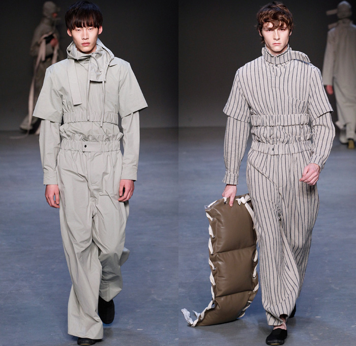 Craig Green 2016-2017 Fall Autumn Winter Mens Runway Catwalk Looks - London Collections: Men British Fashion Council UK United Kingdom - Loops Banded Straps Organic Shape Lace Up Wide Leg Trousers Palazzo Pants Baseball Knit Eyelet Drawstring Sand Bags Elastic Hem Hoodie Stripes Long Sleeve Shirt Belt Straitjacket Long Coat Shirtdress Outerwear Coat Jacket Embroidery Jacquard Cargo Pockets