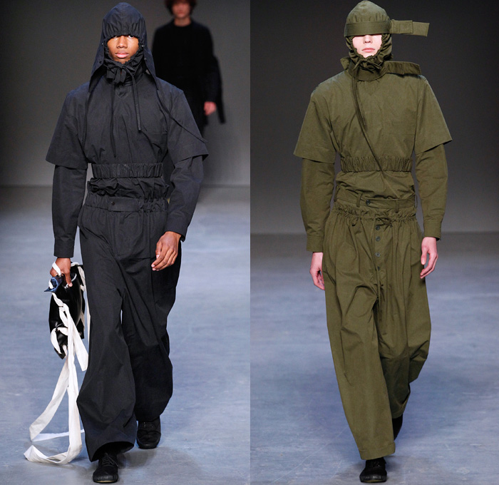 Craig Green 2016-2017 Fall Autumn Winter Mens Runway Catwalk Looks - London Collections: Men British Fashion Council UK United Kingdom - Loops Banded Straps Organic Shape Lace Up Wide Leg Trousers Palazzo Pants Baseball Knit Eyelet Drawstring Sand Bags Elastic Hem Hoodie Stripes Long Sleeve Shirt Belt Straitjacket Long Coat Shirtdress Outerwear Coat Jacket Embroidery Jacquard Cargo Pockets