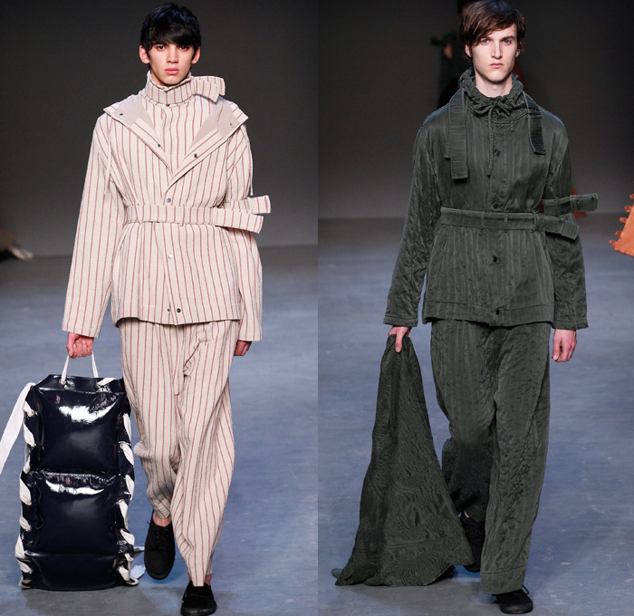 Craig Green 2016-2017 Fall Autumn Winter Mens Runway Catwalk Looks - London Collections: Men British Fashion Council UK United Kingdom - Loops Banded Straps Organic Shape Lace Up Wide Leg Trousers Palazzo Pants Baseball Knit Eyelet Drawstring Sand Bags Elastic Hem Hoodie Stripes Long Sleeve Shirt Belt Straitjacket Long Coat Shirtdress Outerwear Coat Jacket Embroidery Jacquard Cargo Pockets