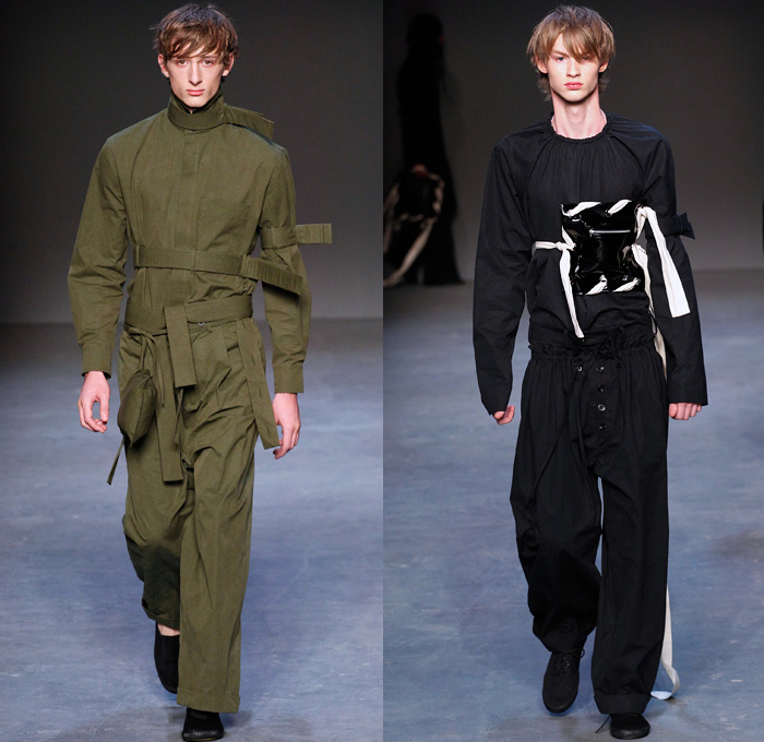 Craig Green 2016-2017 Fall Autumn Winter Mens Runway Catwalk Looks - London Collections: Men British Fashion Council UK United Kingdom - Loops Banded Straps Organic Shape Lace Up Wide Leg Trousers Palazzo Pants Baseball Knit Eyelet Drawstring Sand Bags Elastic Hem Hoodie Stripes Long Sleeve Shirt Belt Straitjacket Long Coat Shirtdress Outerwear Coat Jacket Embroidery Jacquard Cargo Pockets