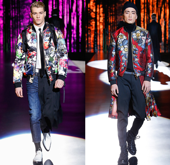 Dsquared2 2016-2017 Fall Autumn Winter Mens Runway Catwalk Looks - Milano Moda Uomo Collezione Milan Fashion Week Italy - Japanese Samurai Bushido Motif Hakama Umanori Kilt Manskirt Manga Anime Kanji Geisha Flowers Floral Print Graphic Denim Jeans Cargo Pockets Zipper Oversized Outerwear Coat Parka Quilted Metallic Silver Slim Pants Trousers Bomber Tuxedo Jacket Blazer Shorts Mandarin Chinese Collar Pleats Plaid Tartan