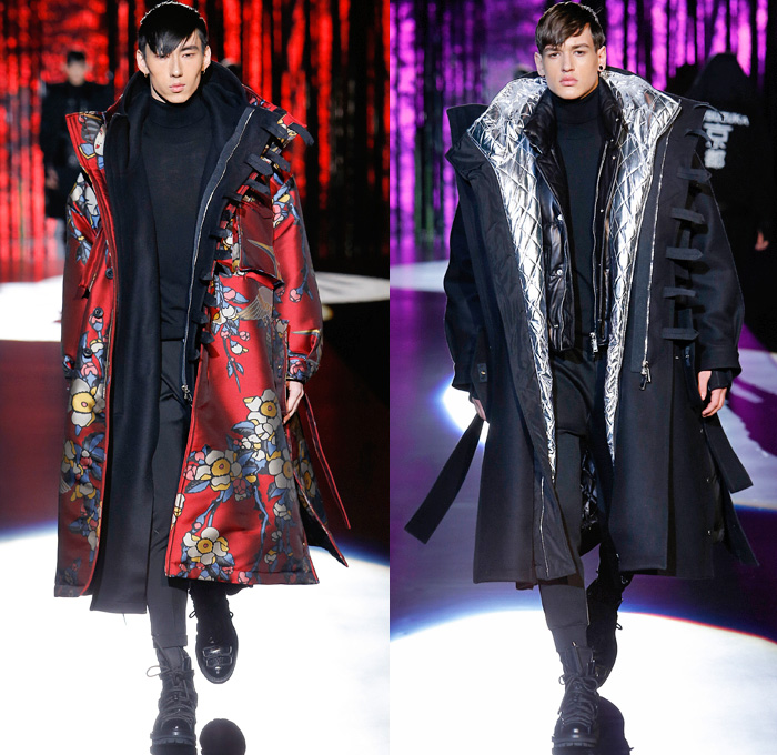 Dsquared2 2016-2017 Fall Autumn Winter Mens Runway Catwalk Looks - Milano Moda Uomo Collezione Milan Fashion Week Italy - Japanese Samurai Bushido Motif Hakama Umanori Kilt Manskirt Manga Anime Kanji Geisha Flowers Floral Print Graphic Denim Jeans Cargo Pockets Zipper Oversized Outerwear Coat Parka Quilted Metallic Silver Slim Pants Trousers Bomber Tuxedo Jacket Blazer Shorts Mandarin Chinese Collar Pleats Plaid Tartan