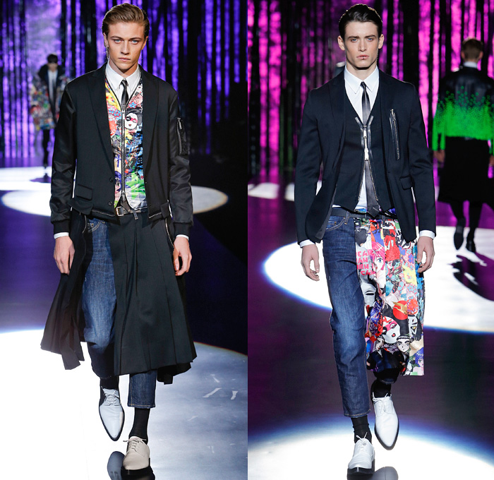 Dsquared2 2016-2017 Fall Autumn Winter Mens Runway Catwalk Looks - Milano Moda Uomo Collezione Milan Fashion Week Italy - Japanese Samurai Bushido Motif Hakama Umanori Kilt Manskirt Manga Anime Kanji Geisha Flowers Floral Print Graphic Denim Jeans Cargo Pockets Zipper Oversized Outerwear Coat Parka Quilted Metallic Silver Slim Pants Trousers Bomber Tuxedo Jacket Blazer Shorts Mandarin Chinese Collar Pleats Plaid Tartan