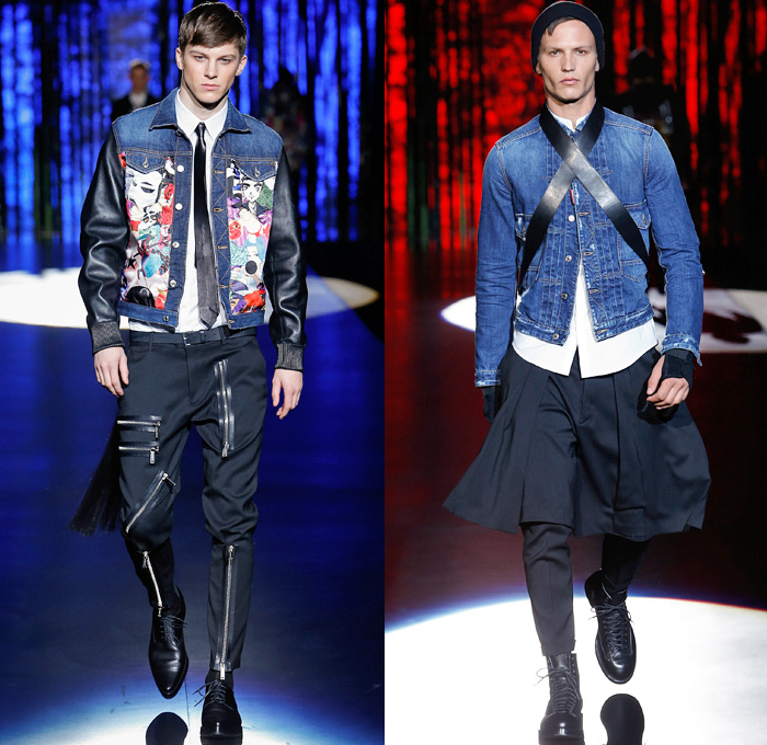 Dsquared2 2016-2017 Fall Autumn Winter Mens Runway Catwalk Looks - Milano Moda Uomo Collezione Milan Fashion Week Italy - Japanese Samurai Bushido Motif Hakama Umanori Kilt Manskirt Manga Anime Kanji Geisha Flowers Floral Print Graphic Denim Jeans Cargo Pockets Zipper Oversized Outerwear Coat Parka Quilted Metallic Silver Slim Pants Trousers Bomber Tuxedo Jacket Blazer Shorts Mandarin Chinese Collar Pleats Plaid Tartan