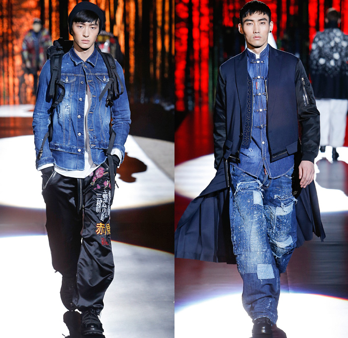 Dsquared2 2016-2017 Fall Autumn Winter Mens Runway Catwalk Looks - Milano Moda Uomo Collezione Milan Fashion Week Italy - Japanese Samurai Bushido Motif Hakama Umanori Kilt Manskirt Manga Anime Kanji Geisha Flowers Floral Print Graphic Denim Jeans Cargo Pockets Zipper Oversized Outerwear Coat Parka Quilted Metallic Silver Slim Pants Trousers Bomber Tuxedo Jacket Blazer Shorts Mandarin Chinese Collar Pleats Plaid Tartan