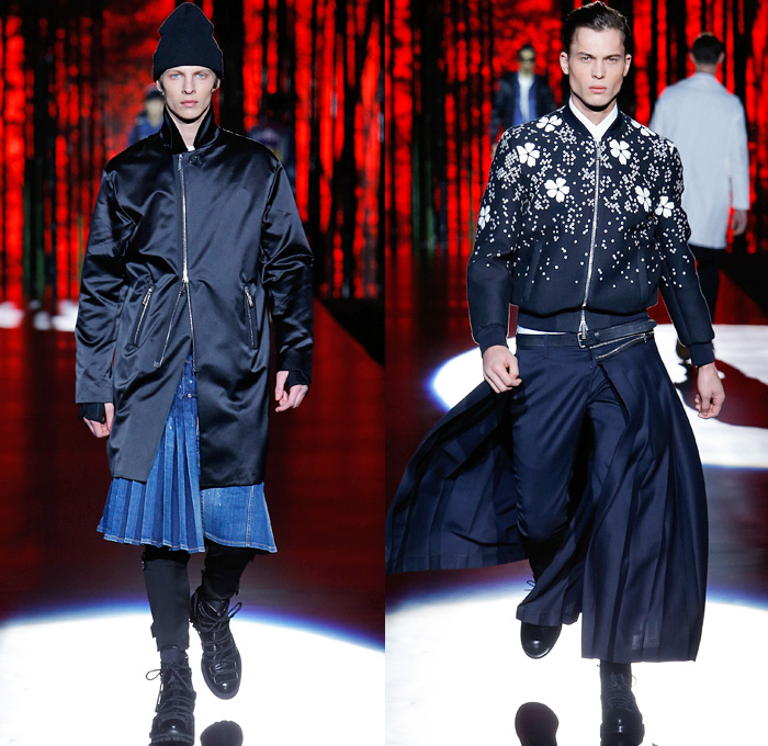 Dsquared2 2016-2017 Fall Autumn Winter Mens Runway Catwalk Looks - Milano Moda Uomo Collezione Milan Fashion Week Italy - Japanese Samurai Bushido Motif Hakama Umanori Kilt Manskirt Manga Anime Kanji Geisha Flowers Floral Print Graphic Denim Jeans Cargo Pockets Zipper Oversized Outerwear Coat Parka Quilted Metallic Silver Slim Pants Trousers Bomber Tuxedo Jacket Blazer Shorts Mandarin Chinese Collar Pleats Plaid Tartan