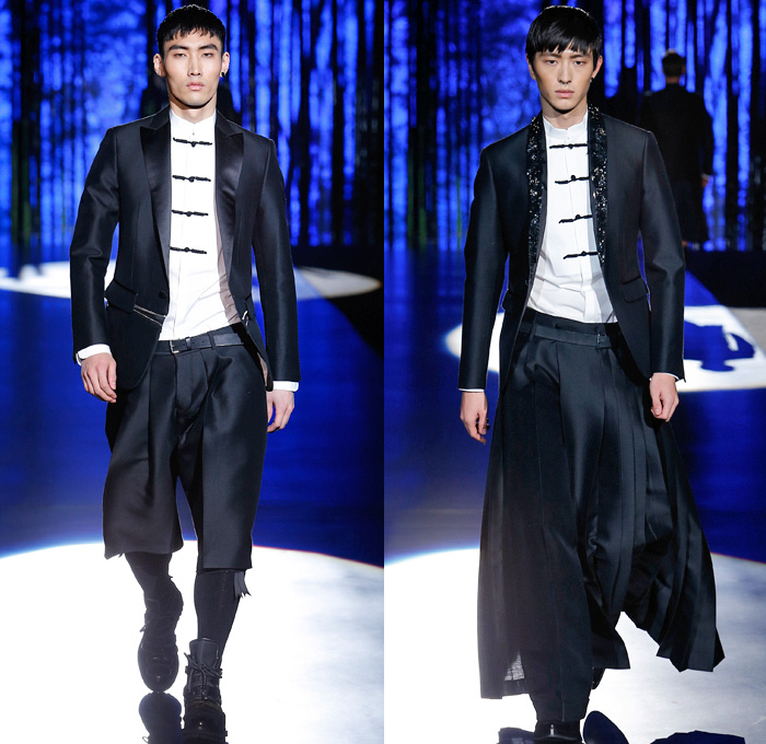 Dsquared2 2016-2017 Fall Autumn Winter Mens Runway Catwalk Looks - Milano Moda Uomo Collezione Milan Fashion Week Italy - Japanese Samurai Bushido Motif Hakama Umanori Kilt Manskirt Manga Anime Kanji Geisha Flowers Floral Print Graphic Denim Jeans Cargo Pockets Zipper Oversized Outerwear Coat Parka Quilted Metallic Silver Slim Pants Trousers Bomber Tuxedo Jacket Blazer Shorts Mandarin Chinese Collar Pleats Plaid Tartan