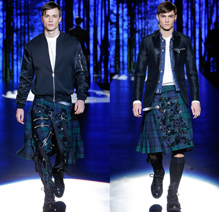 Dsquared2 2016-2017 Fall Autumn Winter Mens Runway Catwalk Looks - Milano Moda Uomo Collezione Milan Fashion Week Italy - Japanese Samurai Bushido Motif Hakama Umanori Kilt Manskirt Manga Anime Kanji Geisha Flowers Floral Print Graphic Denim Jeans Cargo Pockets Zipper Oversized Outerwear Coat Parka Quilted Metallic Silver Slim Pants Trousers Bomber Tuxedo Jacket Blazer Shorts Mandarin Chinese Collar Pleats Plaid Tartan