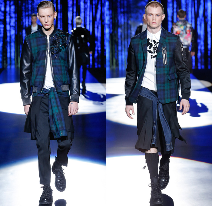 Dsquared2 2016-2017 Fall Autumn Winter Mens Runway Catwalk Looks - Milano Moda Uomo Collezione Milan Fashion Week Italy - Japanese Samurai Bushido Motif Hakama Umanori Kilt Manskirt Manga Anime Kanji Geisha Flowers Floral Print Graphic Denim Jeans Cargo Pockets Zipper Oversized Outerwear Coat Parka Quilted Metallic Silver Slim Pants Trousers Bomber Tuxedo Jacket Blazer Shorts Mandarin Chinese Collar Pleats Plaid Tartan