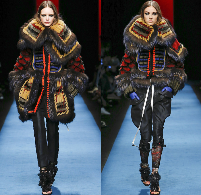 Dsquared2 2016-2017 Fall Autumn Winter Womens Runway Catwalk Collection Looks - Milan Fashion Week Milano Moda Donna Italy - Japanese Samurai Victorian Combat Military Camouflage Jodhpurs Riding Pants Equestrian Riding Breeches Curtain Tassels Fringes Embroidery Embellished Bedazzled Studs Fringes Sheer Lace Mesh Cargo Pockets Coat Furry Parka Leggings Ruffles Tribal Tattoo Art Ruffles Pistol Belt Velvet Cloak Denim Jeans