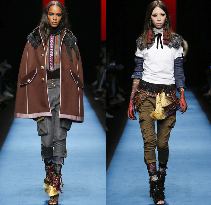 Dsquared2 2016-2017 Fall Autumn Winter Womens Runway Catwalk Collection Looks - Milan Fashion Week Milano Moda Donna Italy - Japanese Samurai Victorian Combat Military Camouflage Jodhpurs Riding Pants Equestrian Riding Breeches Curtain Tassels Fringes Embroidery Embellished Bedazzled Studs Fringes Sheer Lace Mesh Cargo Pockets Coat Furry Parka Leggings Ruffles Tribal Tattoo Art Ruffles Pistol Belt Velvet Cloak Denim Jeans