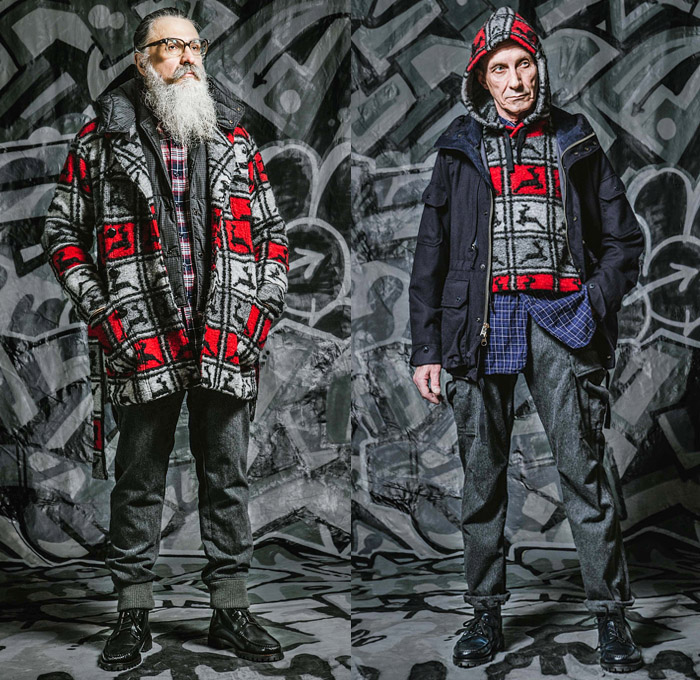 Engineered Garments Daiki Suzuki 2016-2017 Fall Autumn Winter Mens Lookbook Presentation - New York Fashion Week Mens NYFW - Outdoorsman Raw Selvedge Denim Jeans Shawl Outerwear Jacket Utility Vest Cargo Pockets Parka Anorak Quilted Waffle Chaps Corduroy Velvet Tuxedo Stripe Hoodie Nylon Beanie Knit Cap Long Shirt Harness Check Plaid Animal Deer Print Motif Wool Blazer Suit Necktie Jogger Coveralls Dungarees