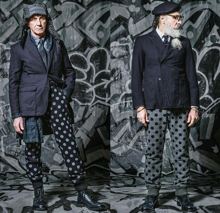 Engineered Garments Daiki Suzuki 2016-2017 Fall Autumn Winter Mens Lookbook Presentation - New York Fashion Week Mens NYFW - Outdoorsman Raw Selvedge Denim Jeans Shawl Outerwear Jacket Utility Vest Cargo Pockets Parka Anorak Quilted Waffle Chaps Corduroy Velvet Tuxedo Stripe Hoodie Nylon Beanie Knit Cap Long Shirt Harness Check Plaid Animal Deer Print Motif Wool Blazer Suit Necktie Jogger Coveralls Dungarees