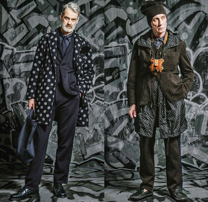 Engineered Garments Daiki Suzuki 2016-2017 Fall Autumn Winter Mens Lookbook Presentation - New York Fashion Week Mens NYFW - Outdoorsman Raw Selvedge Denim Jeans Shawl Outerwear Jacket Utility Vest Cargo Pockets Parka Anorak Quilted Waffle Chaps Corduroy Velvet Tuxedo Stripe Hoodie Nylon Beanie Knit Cap Long Shirt Harness Check Plaid Animal Deer Print Motif Wool Blazer Suit Necktie Jogger Coveralls Dungarees