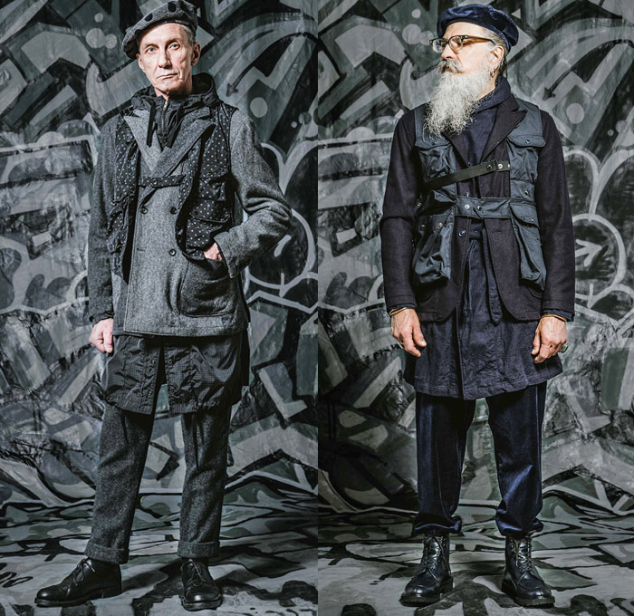 Engineered Garments Daiki Suzuki 2016-2017 Fall Autumn Winter Mens Lookbook Presentation - New York Fashion Week Mens NYFW - Outdoorsman Raw Selvedge Denim Jeans Shawl Outerwear Jacket Utility Vest Cargo Pockets Parka Anorak Quilted Waffle Chaps Corduroy Velvet Tuxedo Stripe Hoodie Nylon Beanie Knit Cap Long Shirt Harness Check Plaid Animal Deer Print Motif Wool Blazer Suit Necktie Jogger Coveralls Dungarees