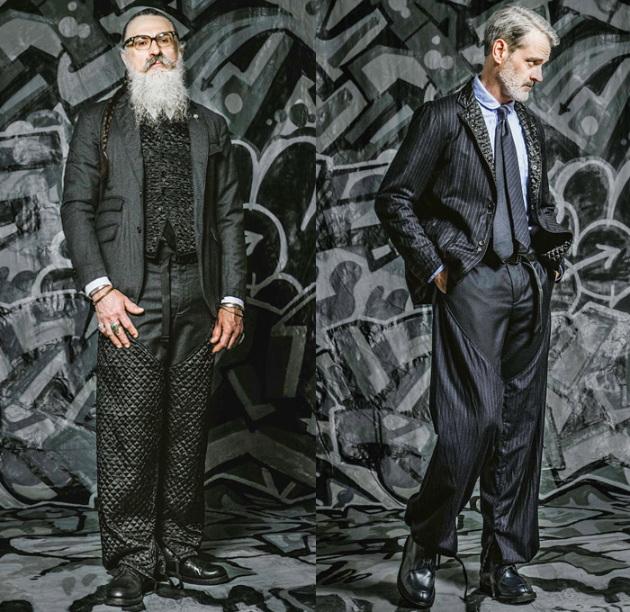 Engineered Garments Daiki Suzuki 2016-2017 Fall Autumn Winter Mens Lookbook Presentation - New York Fashion Week Mens NYFW - Outdoorsman Raw Selvedge Denim Jeans Shawl Outerwear Jacket Utility Vest Cargo Pockets Parka Anorak Quilted Waffle Chaps Corduroy Velvet Tuxedo Stripe Hoodie Nylon Beanie Knit Cap Long Shirt Harness Check Plaid Animal Deer Print Motif Wool Blazer Suit Necktie Jogger Coveralls Dungarees