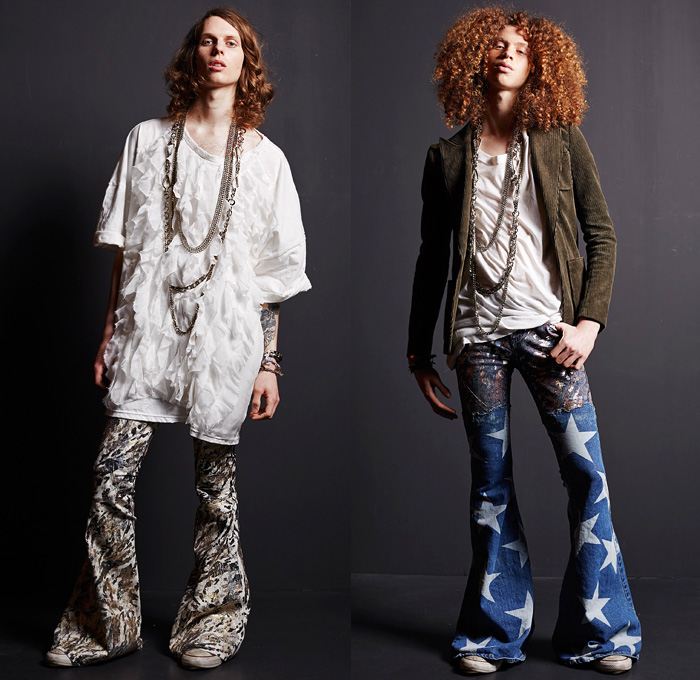 Faith Connexion 2016-2017 Fall Autumn Winter Mens Lookbook Presentation - Paris Fashion Week Mode à Paris France - 1970s Seventies Glam Rock Ruffles Flare Bell Bottom Destroyed Denim Jeans Bedazzled Studs Studded Sequins Paint Chain Necklace Corduroy Blazer Jacket Graffiti Art Pussycat Bow Lace Up Velvet Embroidery Metallic Flowers Floral Slim Skinny Sneakers Knit Sweater Ombre Furry