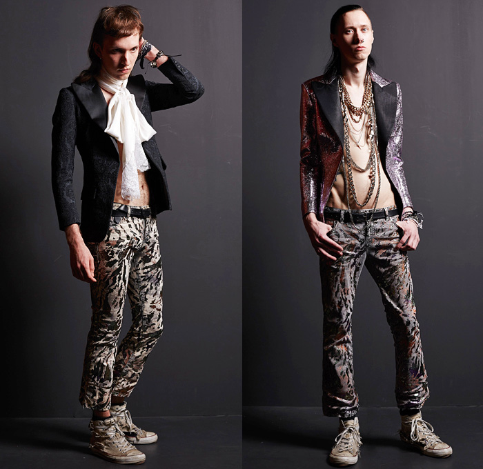 Faith Connexion 2016-2017 Fall Autumn Winter Mens Lookbook Presentation - Paris Fashion Week Mode à Paris France - 1970s Seventies Glam Rock Ruffles Flare Bell Bottom Destroyed Denim Jeans Bedazzled Studs Studded Sequins Paint Chain Necklace Corduroy Blazer Jacket Graffiti Art Pussycat Bow Lace Up Velvet Embroidery Metallic Flowers Floral Slim Skinny Sneakers Knit Sweater Ombre Furry