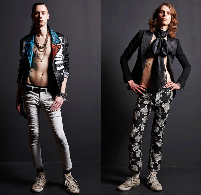 Faith Connexion 2016-2017 Fall Autumn Winter Mens Lookbook Presentation - Paris Fashion Week Mode à Paris France - 1970s Seventies Glam Rock Ruffles Flare Bell Bottom Destroyed Denim Jeans Bedazzled Studs Studded Sequins Paint Chain Necklace Corduroy Blazer Jacket Graffiti Art Pussycat Bow Lace Up Velvet Embroidery Metallic Flowers Floral Slim Skinny Sneakers Knit Sweater Ombre Furry