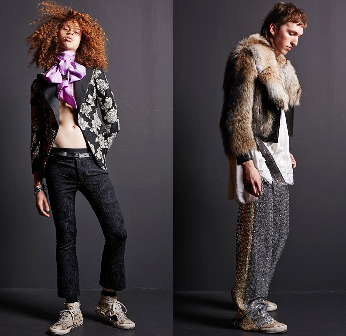 Faith Connexion 2016-2017 Fall Autumn Winter Mens Lookbook Presentation - Paris Fashion Week Mode à Paris France - 1970s Seventies Glam Rock Ruffles Flare Bell Bottom Destroyed Denim Jeans Bedazzled Studs Studded Sequins Paint Chain Necklace Corduroy Blazer Jacket Graffiti Art Pussycat Bow Lace Up Velvet Embroidery Metallic Flowers Floral Slim Skinny Sneakers Knit Sweater Ombre Furry