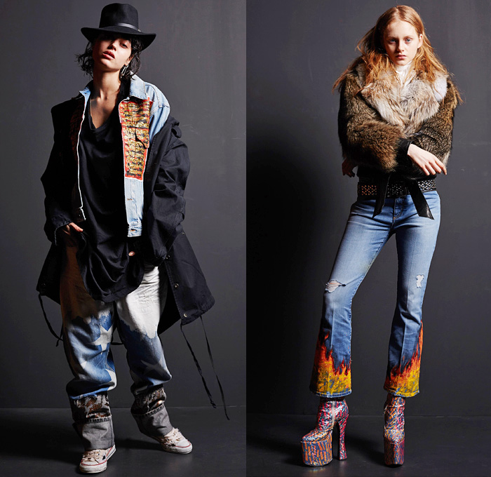 Faith Connexion 2016-2017 Fall Autumn Winter Womens Lookbook Presentation - Paris Fashion Week Mode à Paris France - 1970s Seventies Glam Rock Destroyed Painted Denim Jeans Outerwear Coat Parka Hat Sneakers Embellishments Bedazzled Furry Thigh High Boots Corduroy Leather Motorcycle Biker Vest Jacquard Ombre Baggy Loose Ruffles Streetwear Check Plaid Fringes Scarf Knit Crochet Cowhide Pussycat Bow Lace Feathers Flowers Floral Print