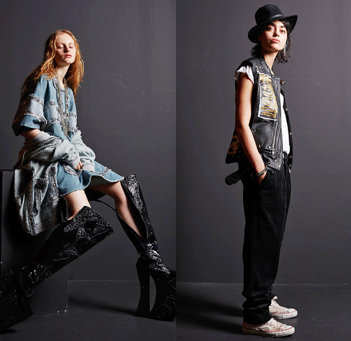 Faith Connexion 2016-2017 Fall Autumn Winter Womens Lookbook Presentation - Paris Fashion Week Mode à Paris France - 1970s Seventies Glam Rock Destroyed Painted Denim Jeans Outerwear Coat Parka Hat Sneakers Embellishments Bedazzled Furry Thigh High Boots Corduroy Leather Motorcycle Biker Vest Jacquard Ombre Baggy Loose Ruffles Streetwear Check Plaid Fringes Scarf Knit Crochet Cowhide Pussycat Bow Lace Feathers Flowers Floral Print