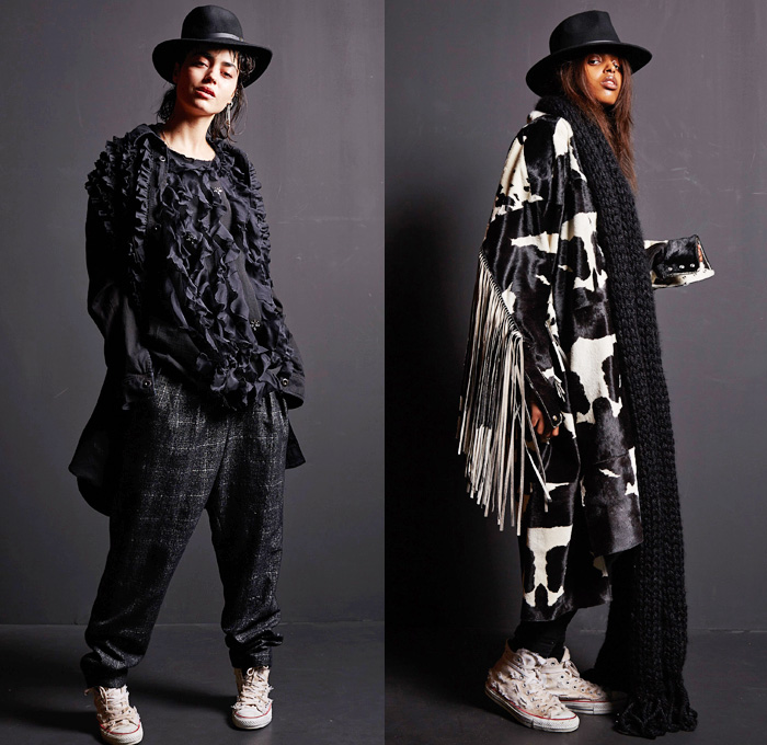 Faith Connexion 2016-2017 Fall Autumn Winter Womens Lookbook Presentation - Paris Fashion Week Mode à Paris France - 1970s Seventies Glam Rock Destroyed Painted Denim Jeans Outerwear Coat Parka Hat Sneakers Embellishments Bedazzled Furry Thigh High Boots Corduroy Leather Motorcycle Biker Vest Jacquard Ombre Baggy Loose Ruffles Streetwear Check Plaid Fringes Scarf Knit Crochet Cowhide Pussycat Bow Lace Feathers Flowers Floral Print