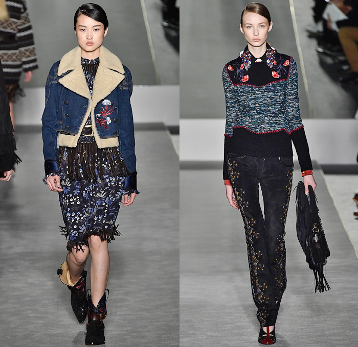 Fay 2016-2017 Fall Autumn Winter Womens Runway Catwalk Collection Looks - Milan Fashion Week Milano Moda Donna Italy - Denim Jeans California Girl Western Cowgirl Navy Military Officer Outerwear Coat Flowers Floral Ornamental Tribal Embroidery Embellished Bedazzled Jewels Sequins Sheer Chiffon Shearling Jacket Shirtdress Leather Contrast Stitching Cargo Pockets Skirt Frock Ruffles Blouse Chunky Knit Sweater Handbag