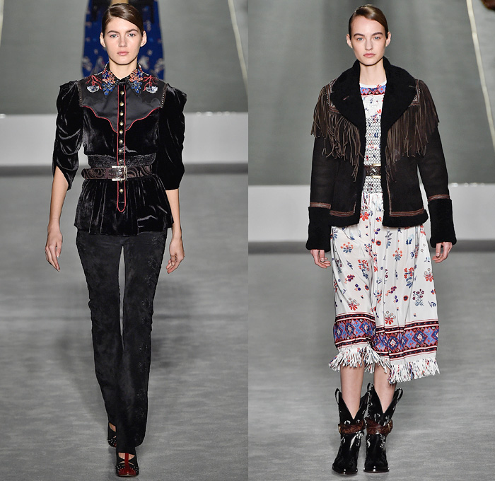 Fay 2016-2017 Fall Autumn Winter Womens Runway Catwalk Collection Looks - Milan Fashion Week Milano Moda Donna Italy - Denim Jeans California Girl Western Cowgirl Navy Military Officer Outerwear Coat Flowers Floral Ornamental Tribal Embroidery Embellished Bedazzled Jewels Sequins Sheer Chiffon Shearling Jacket Shirtdress Leather Contrast Stitching Cargo Pockets Skirt Frock Ruffles Blouse Chunky Knit Sweater Handbag