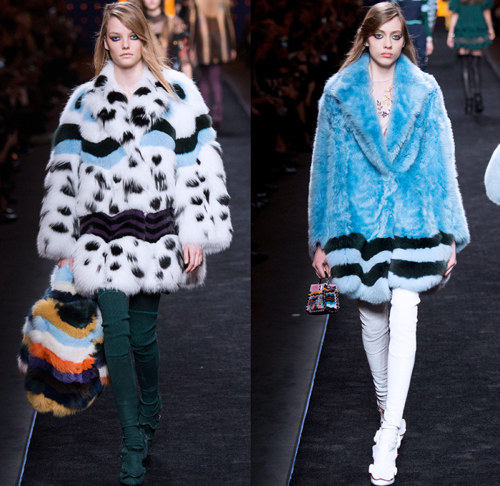 Fendi 2016-2017 Fall Autumn Winter Womens Runway Catwalk Collection Looks - Milan Fashion Week Milano Moda Donna Italy - 1960s Sixties Mod Ruffles Waves Thigh-High Boots Flowers Floral Embroidery Sheer Chiffon Blouse Oversized Outerwear Coat Furry Shaggy Plush Quilted Vest Wide Leg Denim Jeans Leggings Stripes Leather Skirt Accordion Pleats Bomber Jacket Blazer Velvet Maxi Dress Tiered Shorts Handbag Purse Clutch