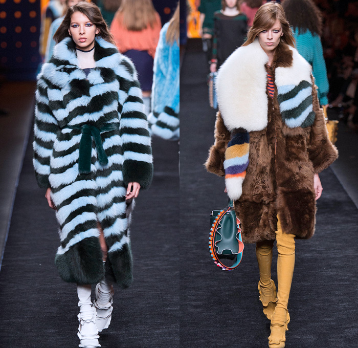 Fendi 2016-2017 Fall Autumn Winter Womens Runway Catwalk Collection Looks - Milan Fashion Week Milano Moda Donna Italy - 1960s Sixties Mod Ruffles Waves Thigh-High Boots Flowers Floral Embroidery Sheer Chiffon Blouse Oversized Outerwear Coat Furry Shaggy Plush Quilted Vest Wide Leg Denim Jeans Leggings Stripes Leather Skirt Accordion Pleats Bomber Jacket Blazer Velvet Maxi Dress Tiered Shorts Handbag Purse Clutch