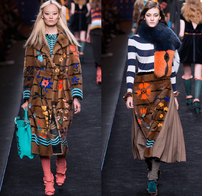 Fendi 2016-2017 Fall Autumn Winter Womens Runway Catwalk Collection Looks - Milan Fashion Week Milano Moda Donna Italy - 1960s Sixties Mod Ruffles Waves Thigh-High Boots Flowers Floral Embroidery Sheer Chiffon Blouse Oversized Outerwear Coat Furry Shaggy Plush Quilted Vest Wide Leg Denim Jeans Leggings Stripes Leather Skirt Accordion Pleats Bomber Jacket Blazer Velvet Maxi Dress Tiered Shorts Handbag Purse Clutch