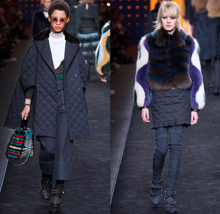 Fendi 2016-2017 Fall Autumn Winter Womens Runway Catwalk Collection Looks - Milan Fashion Week Milano Moda Donna Italy - 1960s Sixties Mod Ruffles Waves Thigh-High Boots Flowers Floral Embroidery Sheer Chiffon Blouse Oversized Outerwear Coat Furry Shaggy Plush Quilted Vest Wide Leg Denim Jeans Leggings Stripes Leather Skirt Accordion Pleats Bomber Jacket Blazer Velvet Maxi Dress Tiered Shorts Handbag Purse Clutch