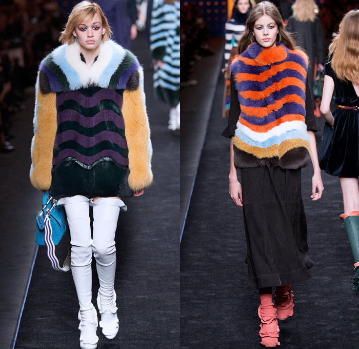 Fendi 2016-2017 Fall Autumn Winter Womens Runway Catwalk Collection Looks - Milan Fashion Week Milano Moda Donna Italy - 1960s Sixties Mod Ruffles Waves Thigh-High Boots Flowers Floral Embroidery Sheer Chiffon Blouse Oversized Outerwear Coat Furry Shaggy Plush Quilted Vest Wide Leg Denim Jeans Leggings Stripes Leather Skirt Accordion Pleats Bomber Jacket Blazer Velvet Maxi Dress Tiered Shorts Handbag Purse Clutch