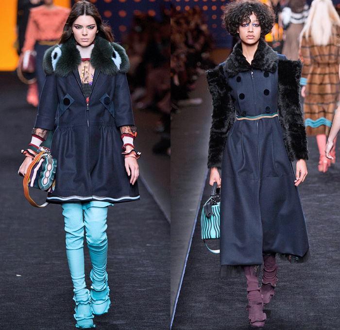 Fendi 2016-2017 Fall Autumn Winter Womens Runway Catwalk Collection Looks - Milan Fashion Week Milano Moda Donna Italy - 1960s Sixties Mod Ruffles Waves Thigh-High Boots Flowers Floral Embroidery Sheer Chiffon Blouse Oversized Outerwear Coat Furry Shaggy Plush Quilted Vest Wide Leg Denim Jeans Leggings Stripes Leather Skirt Accordion Pleats Bomber Jacket Blazer Velvet Maxi Dress Tiered Shorts Handbag Purse Clutch