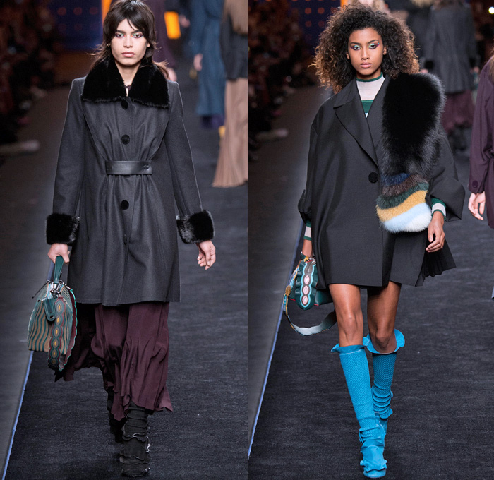 Fendi 2016-2017 Fall Autumn Winter Womens Runway Catwalk Collection Looks - Milan Fashion Week Milano Moda Donna Italy - 1960s Sixties Mod Ruffles Waves Thigh-High Boots Flowers Floral Embroidery Sheer Chiffon Blouse Oversized Outerwear Coat Furry Shaggy Plush Quilted Vest Wide Leg Denim Jeans Leggings Stripes Leather Skirt Accordion Pleats Bomber Jacket Blazer Velvet Maxi Dress Tiered Shorts Handbag Purse Clutch