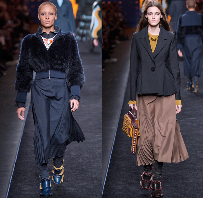 Fendi 2016-2017 Fall Autumn Winter Womens Runway Catwalk Collection Looks - Milan Fashion Week Milano Moda Donna Italy - 1960s Sixties Mod Ruffles Waves Thigh-High Boots Flowers Floral Embroidery Sheer Chiffon Blouse Oversized Outerwear Coat Furry Shaggy Plush Quilted Vest Wide Leg Denim Jeans Leggings Stripes Leather Skirt Accordion Pleats Bomber Jacket Blazer Velvet Maxi Dress Tiered Shorts Handbag Purse Clutch